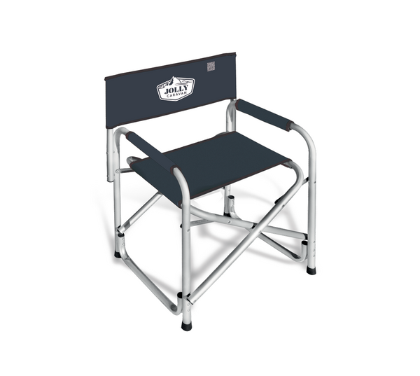 Sedia da regista pieghevole Jolly Caravan con struttura in alluminio e logo sullo schienale.