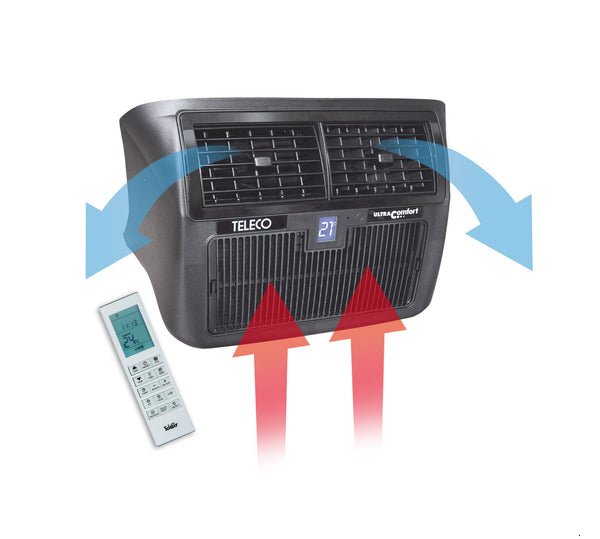 Diffusore interno del condizionatore Teleco Ultra Comfort 6000 con telecomando e flussi d’aria illustrati.