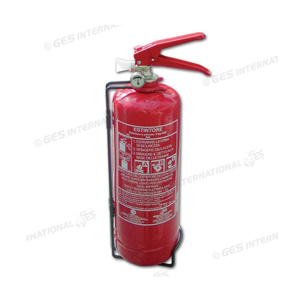 Estintore a polvere da 2 kg con manometro e supporto metallico.