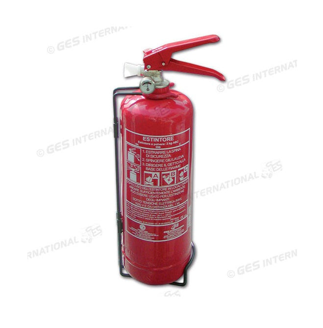 Estintore a polvere da 2 kg con manometro e supporto metallico.