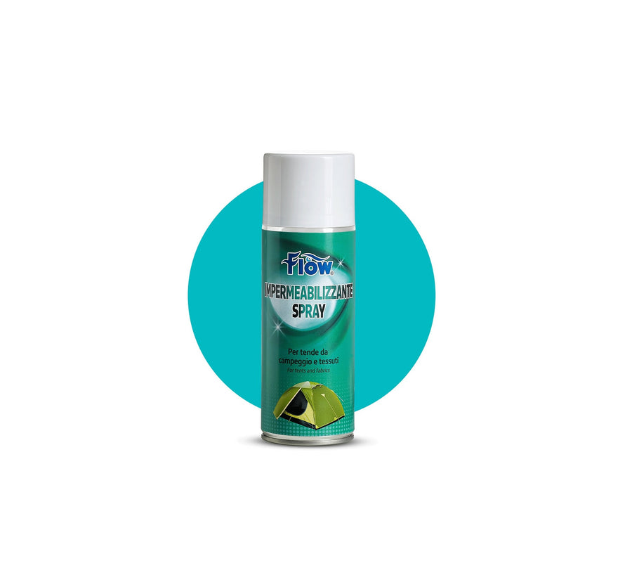 Bomboletta FLOW Impermeabilizzante Spray da 400 ml per tende da campeggio e tessuti, con etichetta verde e tappo bianco.