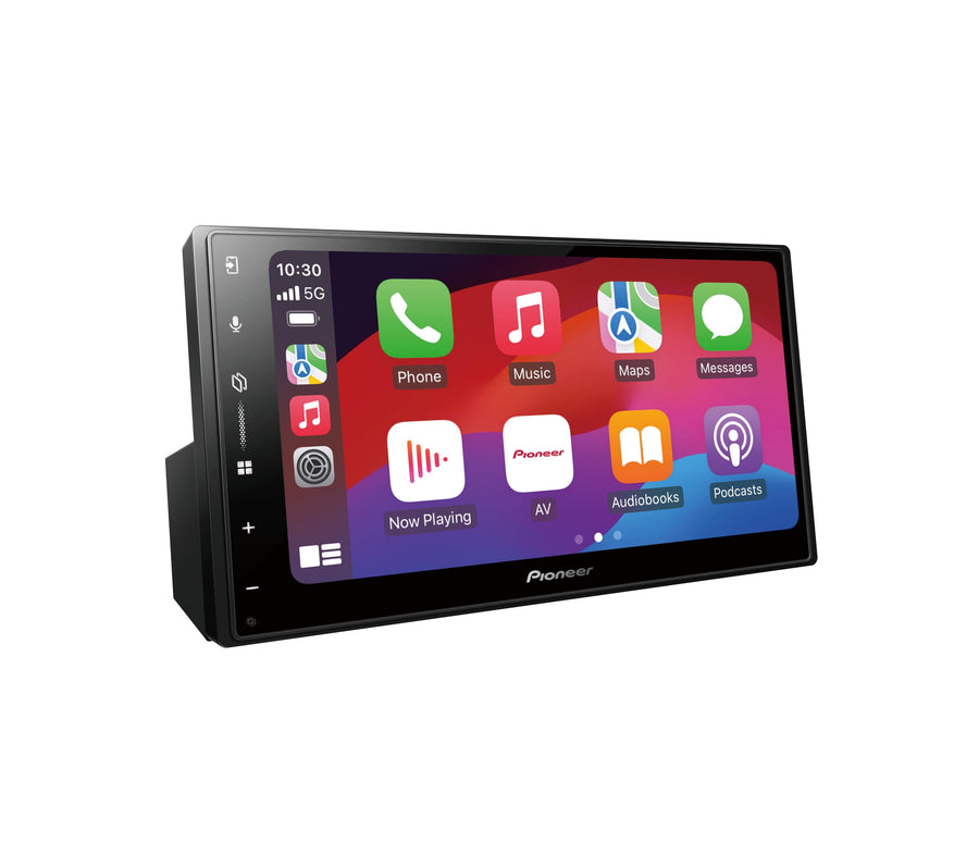 Sistema multimediale Pioneer SPH-DA77DAB con display touchscreen che mostra l’interfaccia Apple CarPlay.