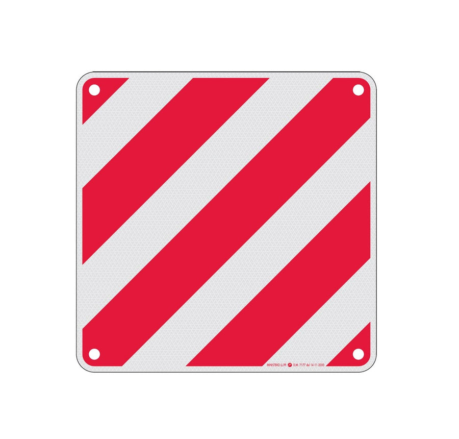 Cartello in alluminio da 50 × 50 cm per segnalare carichi sporgenti, con bande diagonali rosse e bianche.