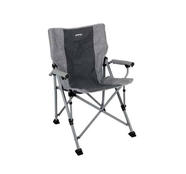 Poltrona pieghevole Mercury grigia con braccioli e struttura metallica da campeggio.