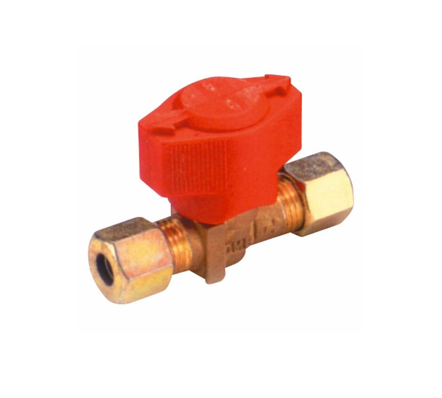 Valvola a sfera per gas camper con raccordi bicono 8mm e leva rossa