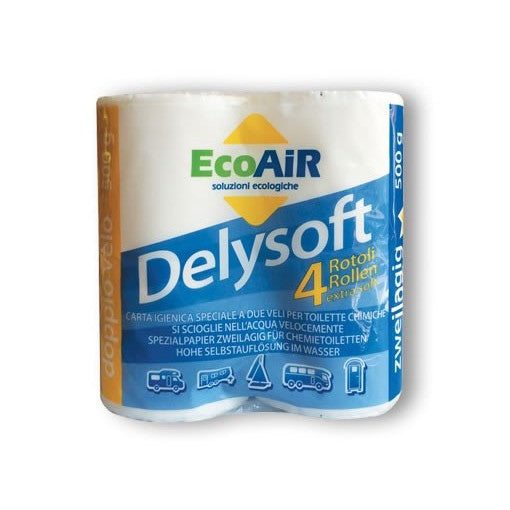 Confezione EcoAir Dely Soft da quattro rotoli di carta igienica a doppio velo per WC portatili e fissi.
