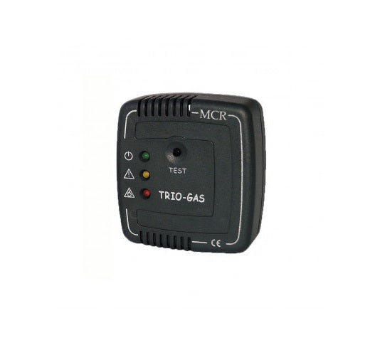 Rilevatore di gas MCR Trio-Gas per camper, versione bianca e grigia, con LED e pulsante test